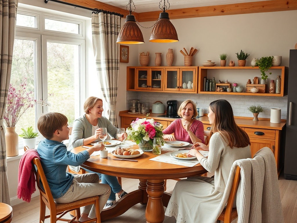 Семья собирается за обеденным столом в уютной кухне, наслаждаясь едой и общением.