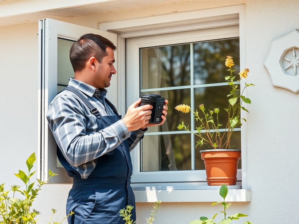 Мужчина в рабочей одежде фотографирует растение на подоконнике через открытое окно.