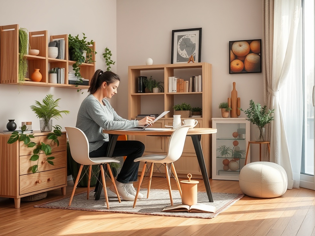Женщина сидит за столом в уютном интерьере с растениями, работая за ноутбуком и слушая музыку в наушниках.