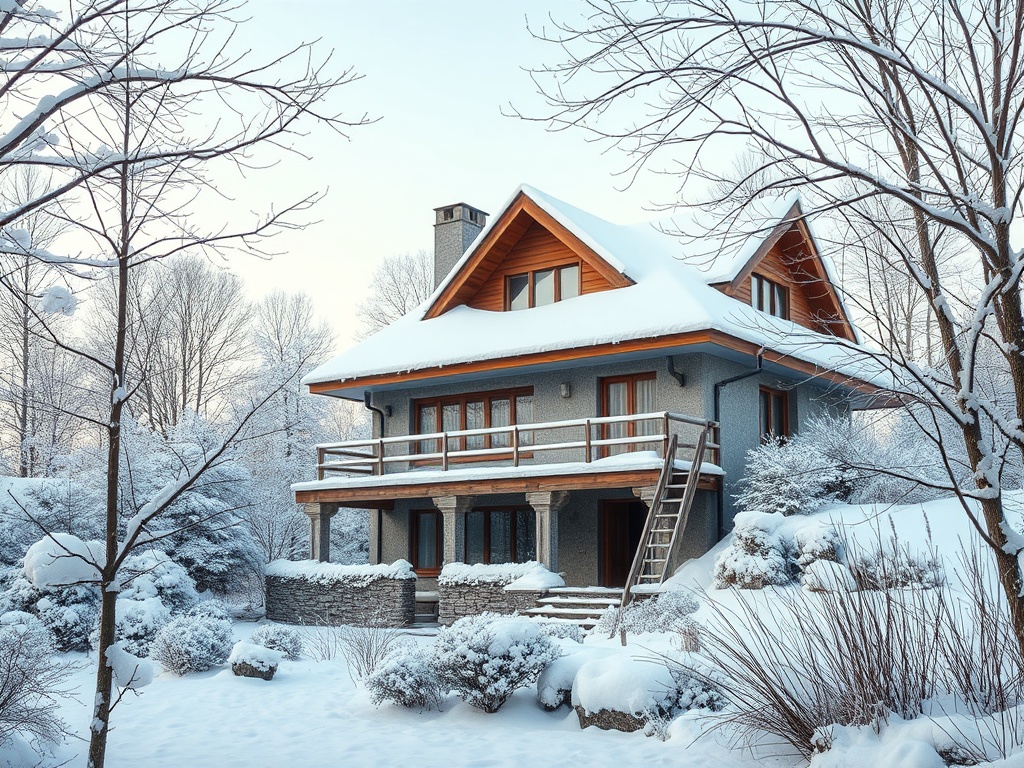 Дом в зимнем лесу, окружённый снежными деревьями и кустами, с крышей, покрытой снегом.