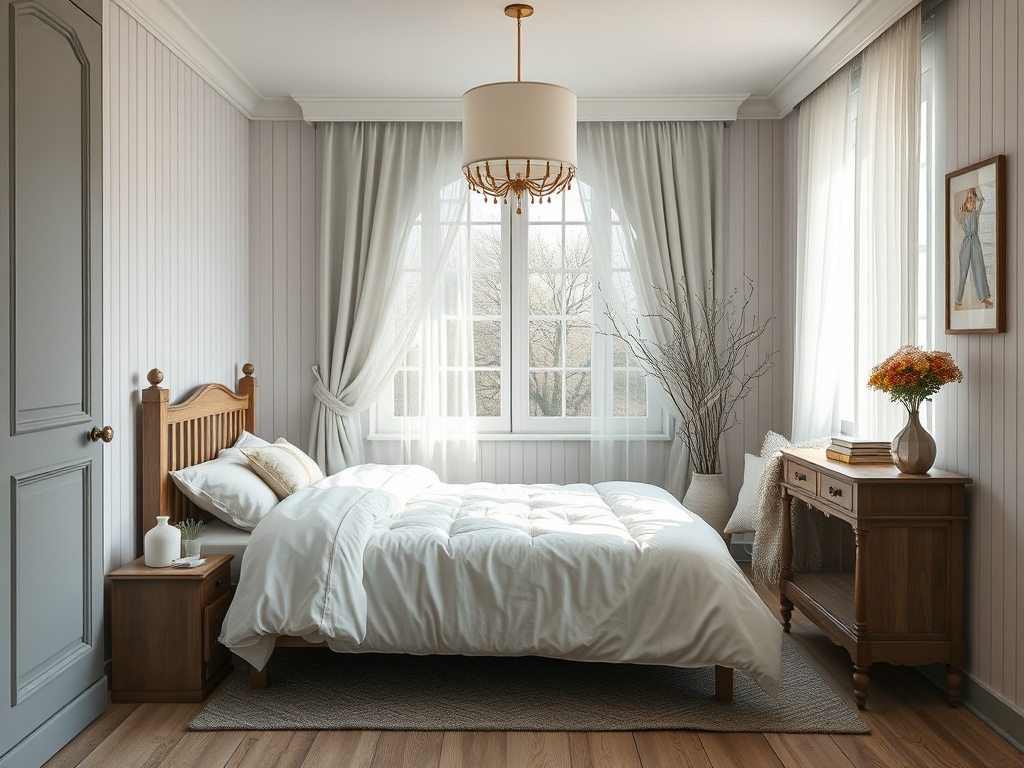 Уютная спальня с белым постельным бельем, светлым оформлением и большими окнами. 