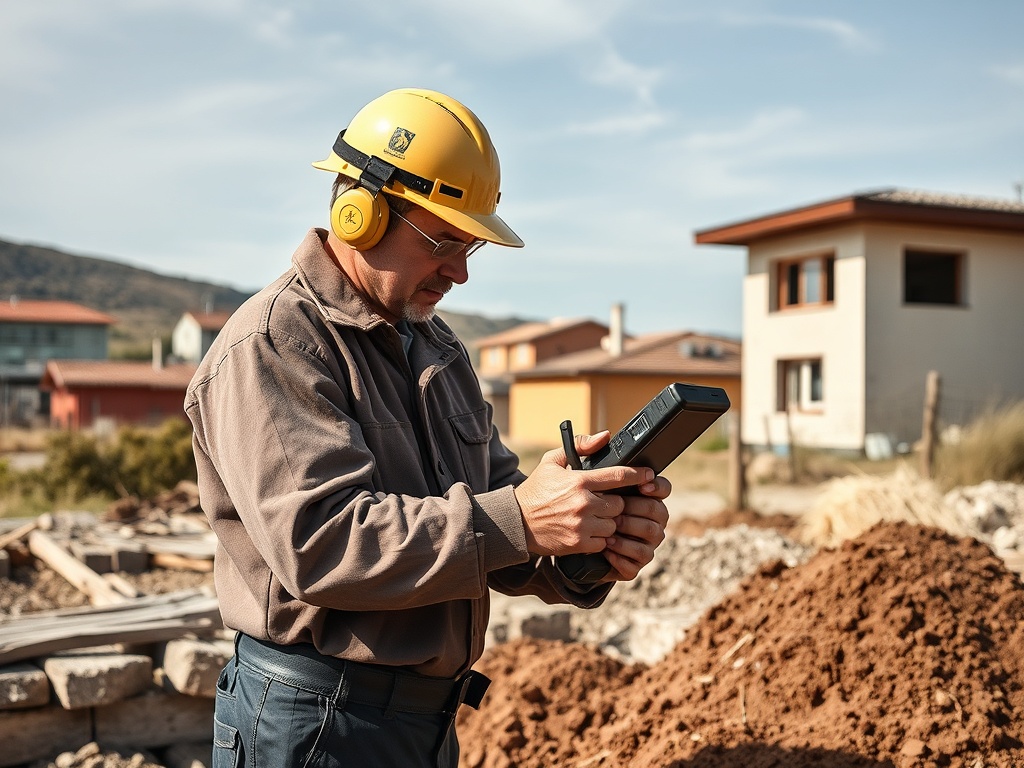 Рабочий в защитном каске и наушниках использует прибор на строительной площадке. На заднем плане дома и земля.