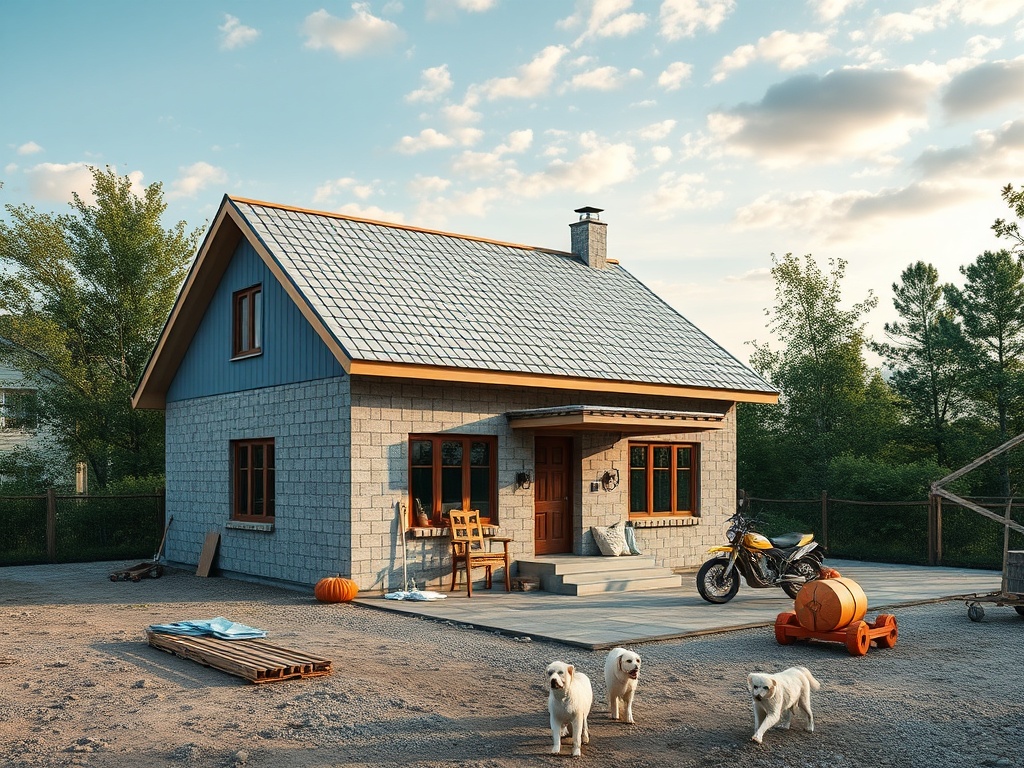 Дом с серой стеной и сине-коричневой крышей, рядом с ним собаки и мотоцикл, окружённый зеленью.