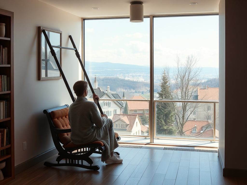 Человек в халате сидит на кресле-качалке и смотрит на пейзаж через большое окно.
