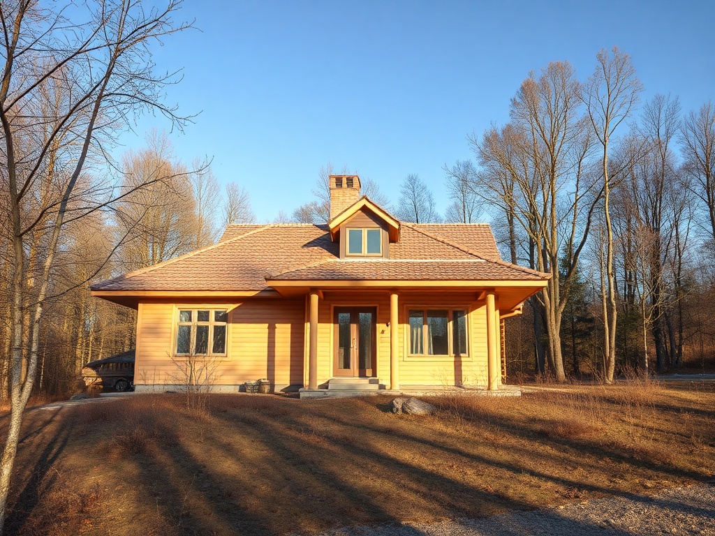 Деревянный дом с крышей, окруженный деревьями, на фоне ясного неба и солнечного дня.