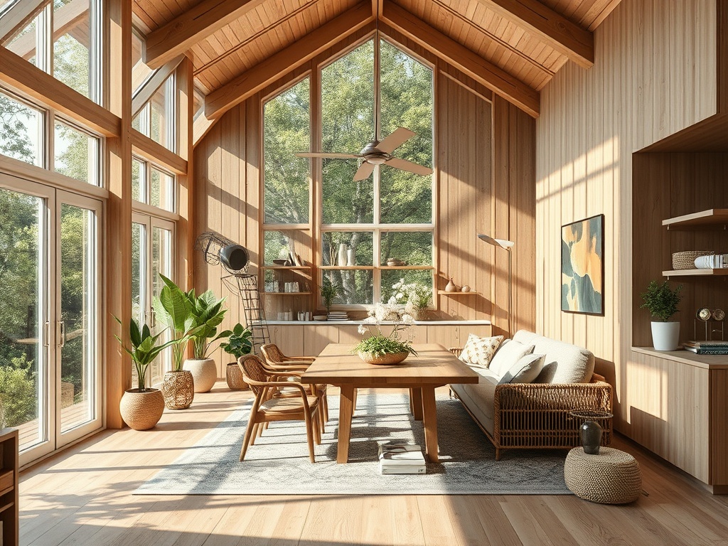 Светлая комната с большими окнами, деревянными стенами и растениями, уютная обстановка с мебелью.