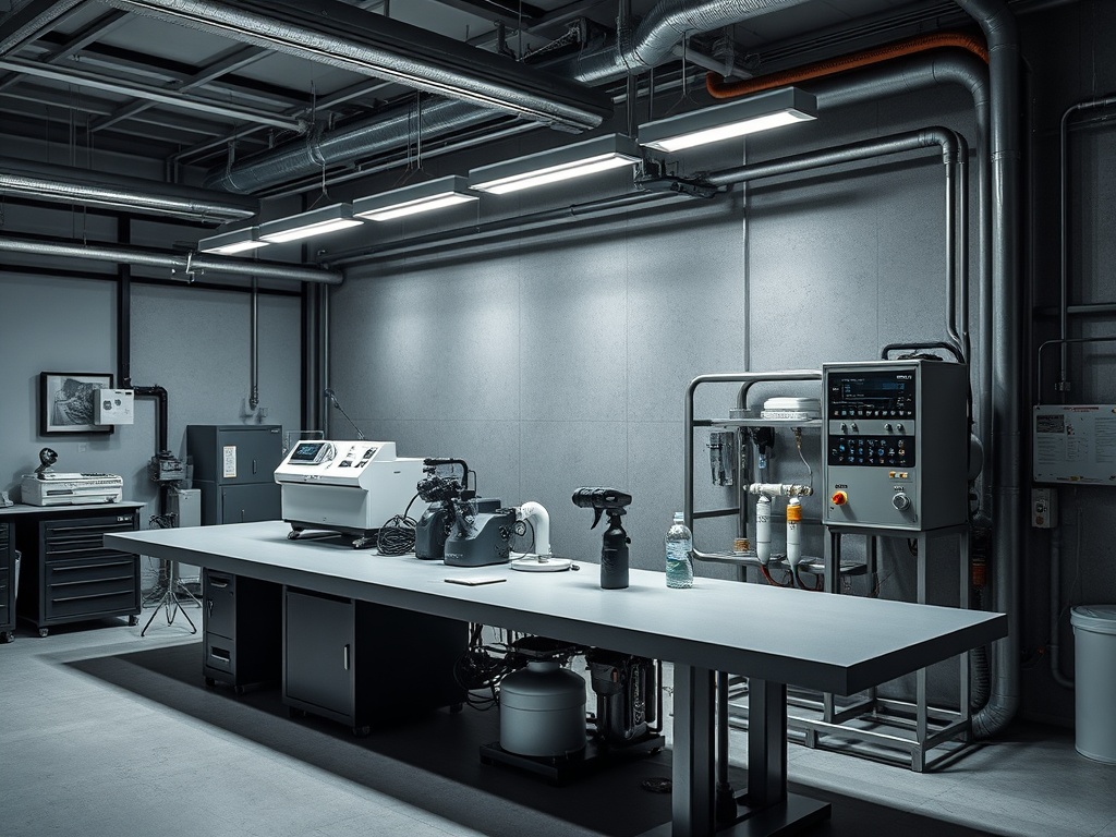 Современная лаборатория с рабочим столом, техникой и трубами, освещенная яркими светильниками.