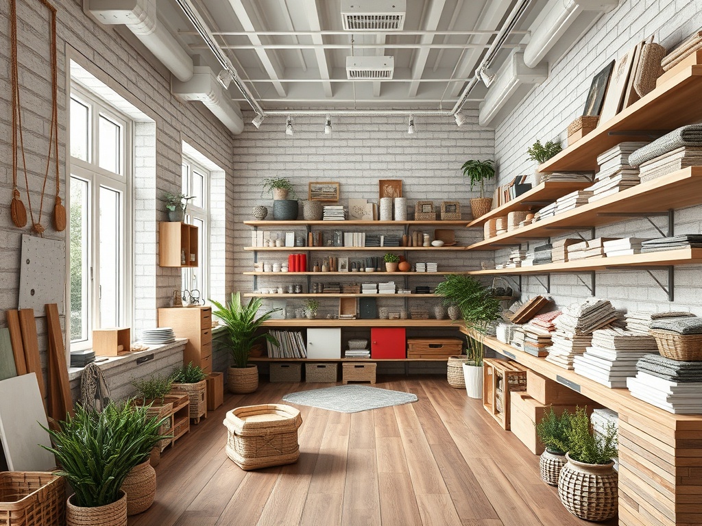Современный интерьер с открытыми полками, книгами, растениями и аккуратными корзинами для хранения.