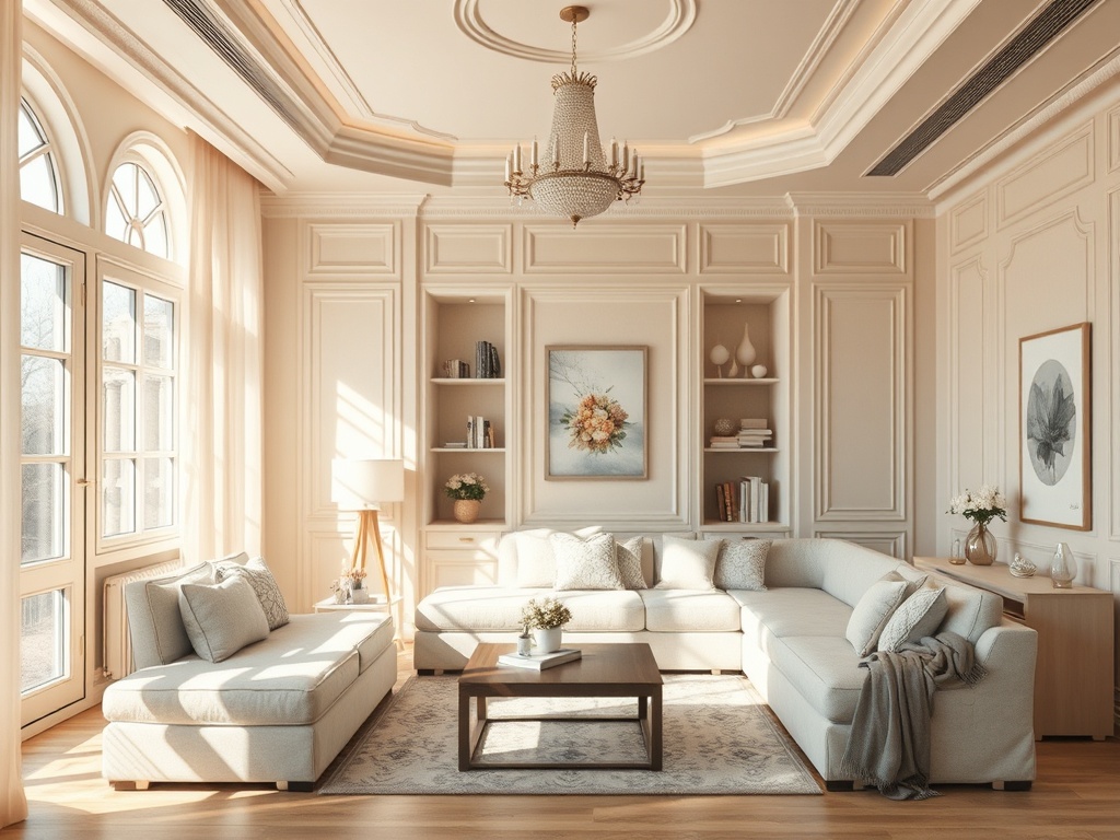 Современная гостиная с светлыми тонами, мягкой мебелью и элегантной люстрой. Уютная и стильная атмосфера.