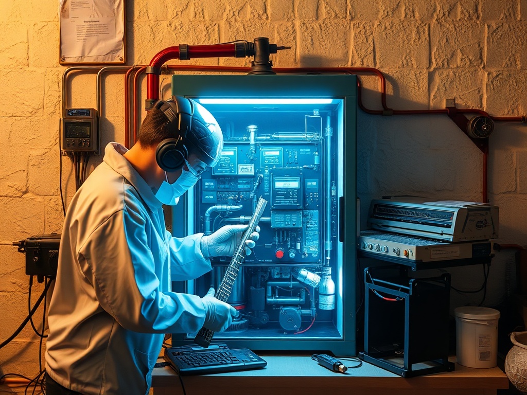 Человек в защитной одежде работает с электроприборами в освещенной лаборатории.