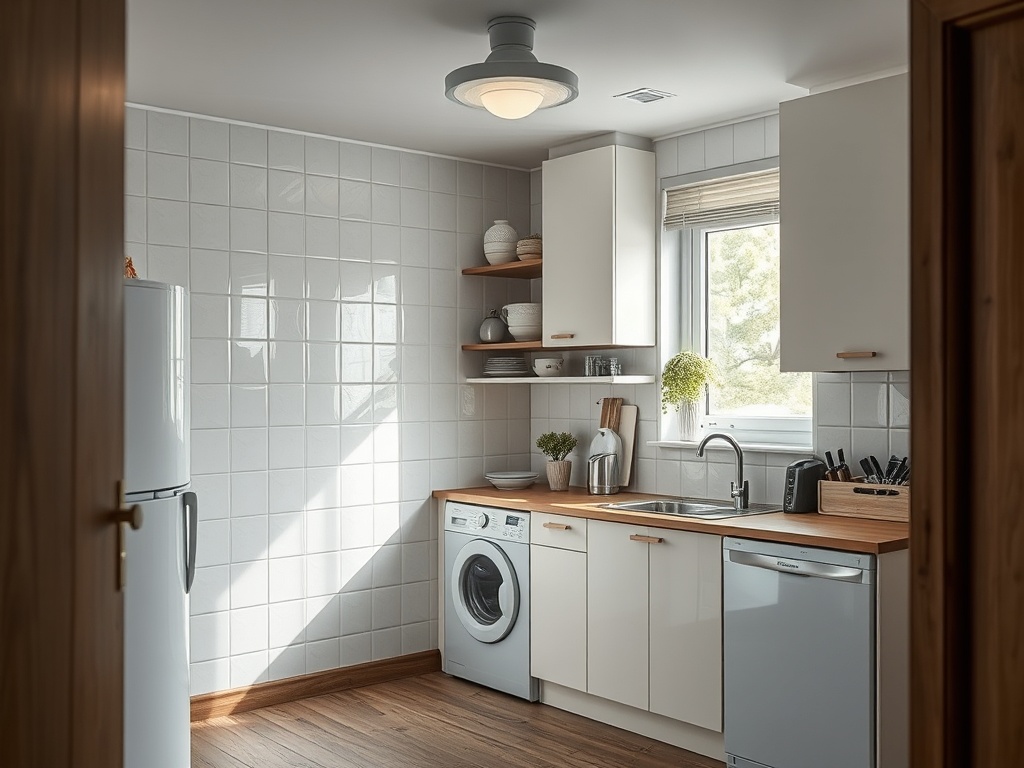 Современная кухня с белыми шкафами, деревянной столешницей и бытовой техникой, включая стиральную машинку.