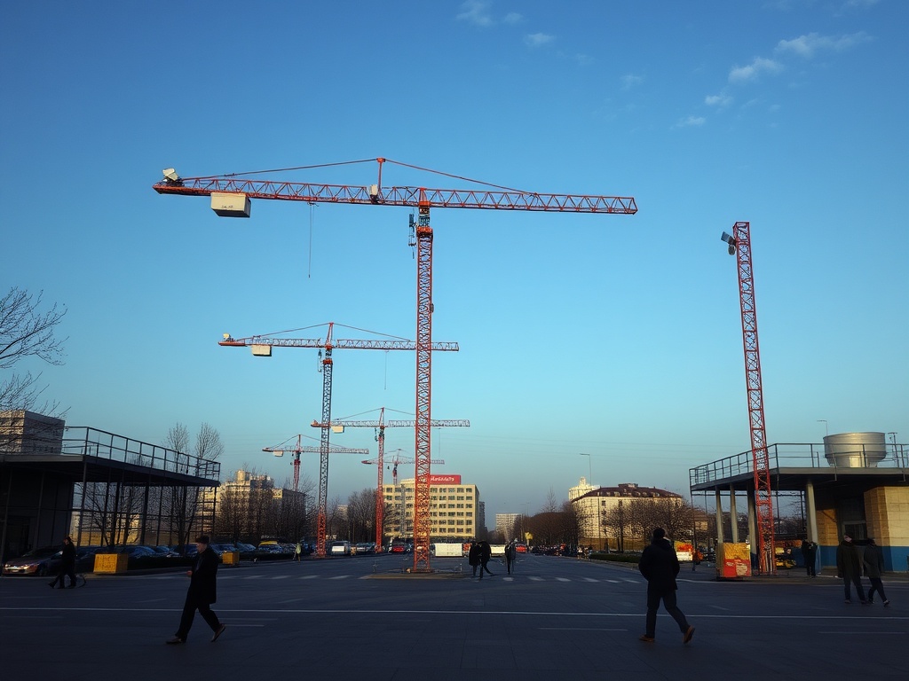 Строительные краны на фоне ясного неба и прохожие на городской улице. Архитектурное строительство.