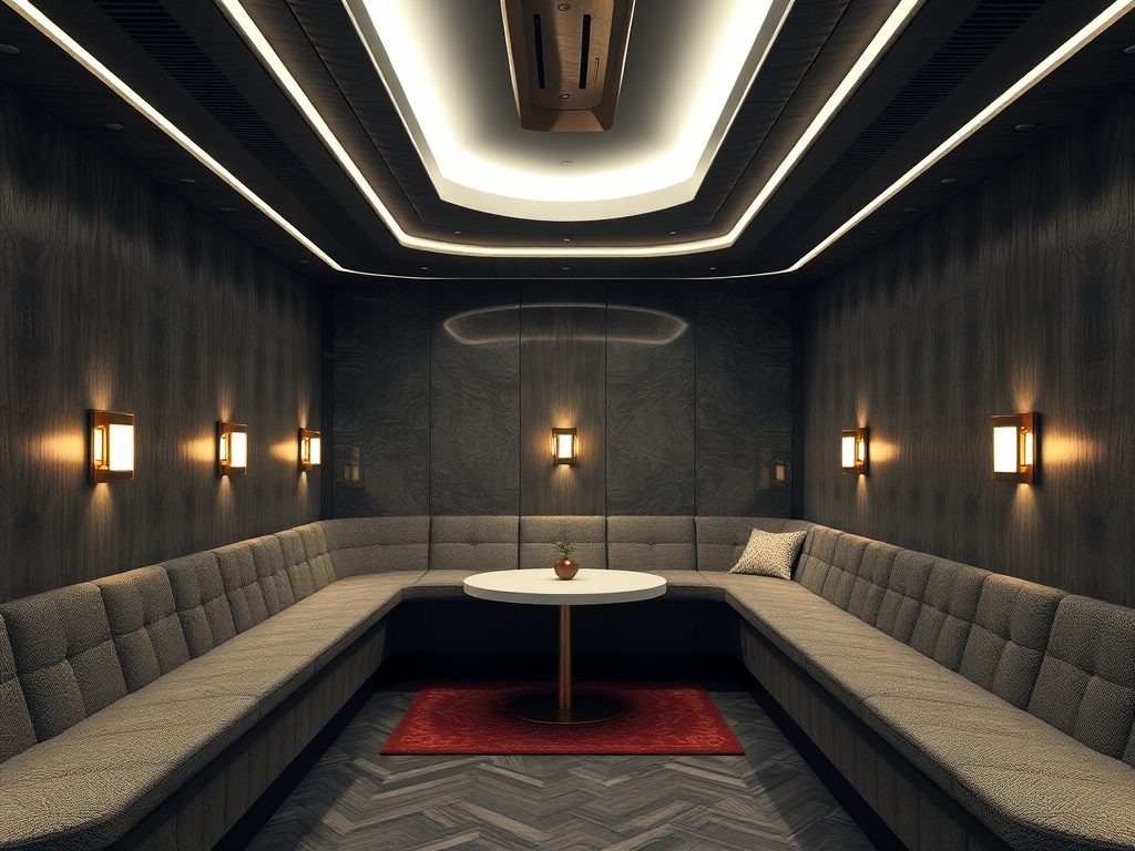 Современное помещение с мягким диваном, круглым столом и приглушённым освещением, создающим уютную атмосферу.