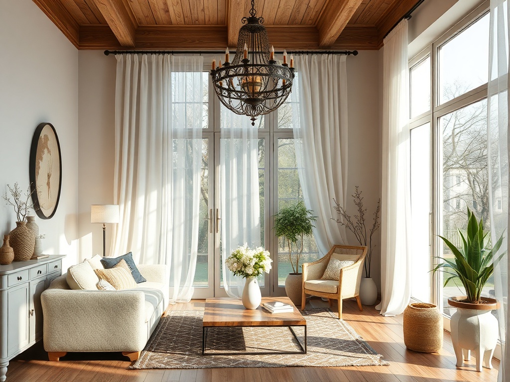 Современный светлый интерьер гостиной с большими окнами, Plants, уютной мебелью и стильной люстрой.