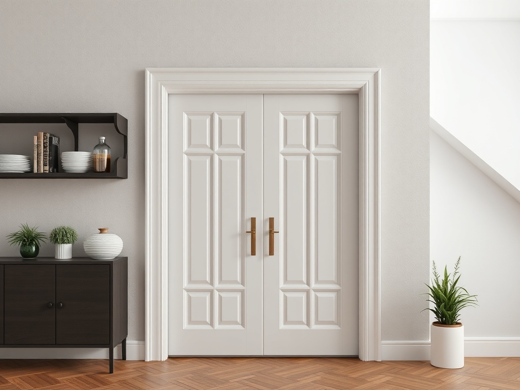 Двойные белые двери с деревянными ручками рядом с мебелью и растениями в современном интерьере.