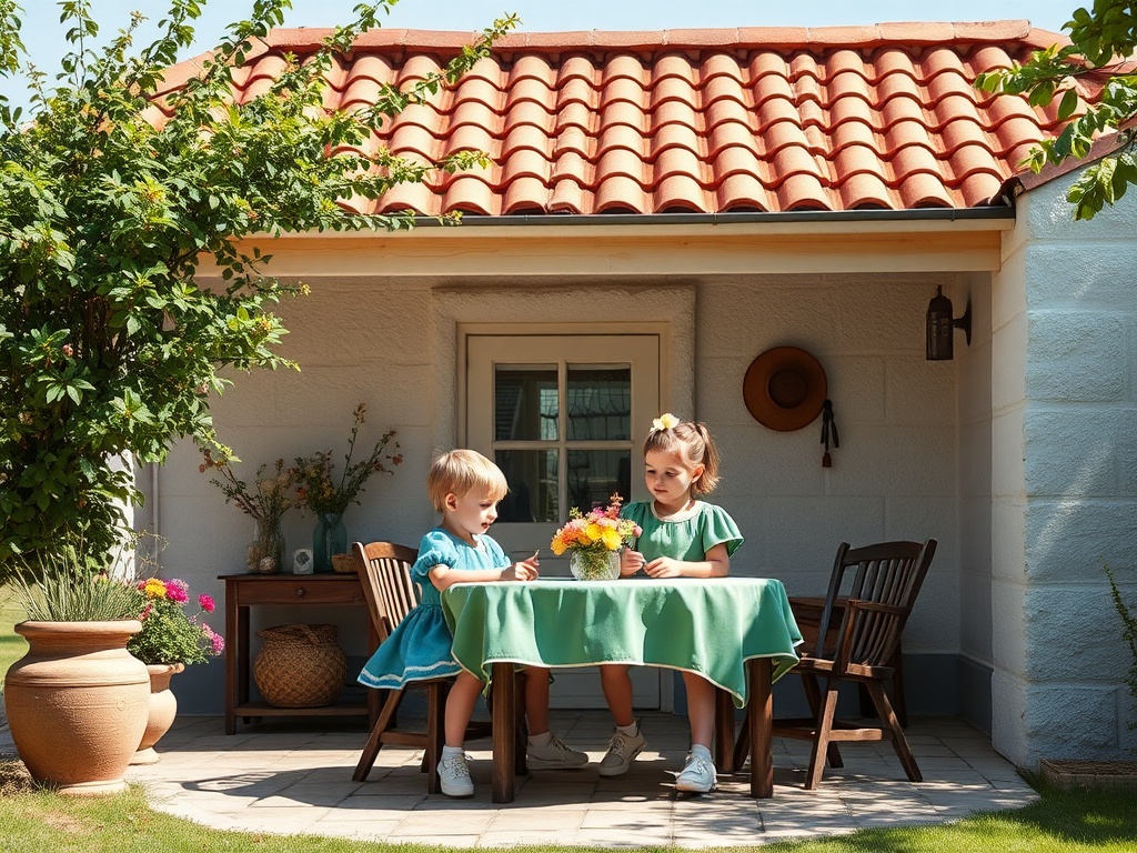 Две девочки играют за столом на веранде в солнечном дворе рядом с домом. Рядом цветы и зелень.