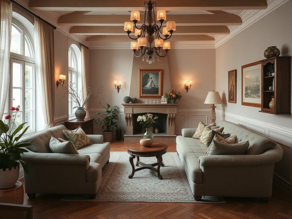 Уютная гостиная с двумя диванами, круглым столом и камином, оформленная в светлых тонах.