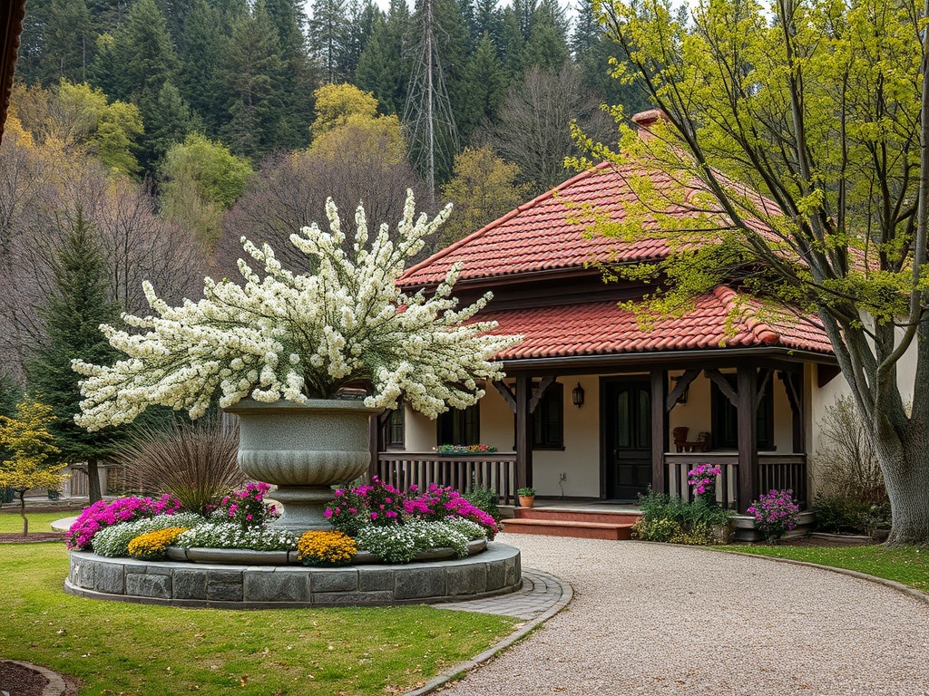 Уютный дом с красной крышей и цветущими растениями в саду на фоне высоких деревьев.