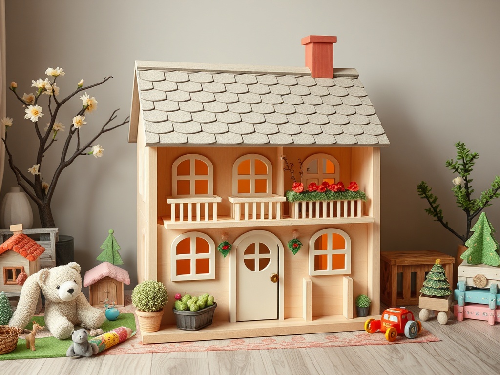 Деревянный домик с окном и дверью, окружённый игрушками и растениями на уютном фоне.