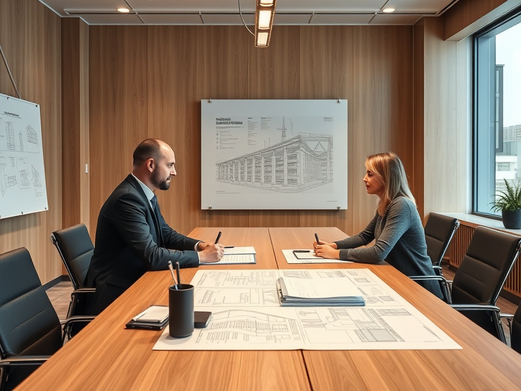 Два человека в офисе обсуждают планы на столе, в фоновом режиме диаграммы и окна с видом на город.