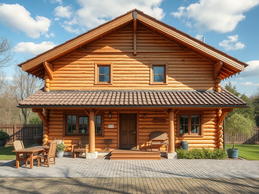 Современный деревянный дом с верандой, окруженный зеленым садом и синими небесами.