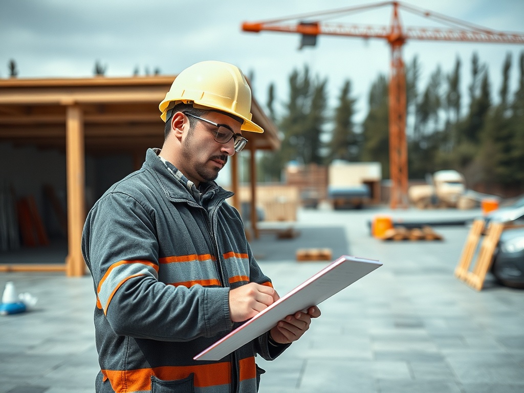 Рабочий в каске делает записи на строительном участке с кранами и материалами на фоне.