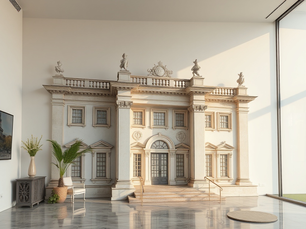 Изображение роскошного здания в светлом интерьере с большими окнами и зелеными растениями.