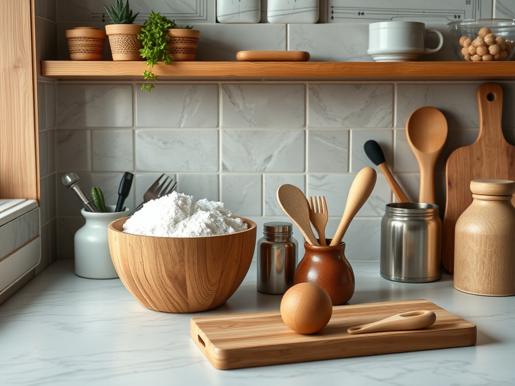 Кухня с деревянной миской, полной соли, яйцом на доске и разнообразными кухонными принадлежностями.