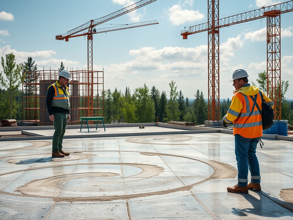На строительной площадке два человека в касках и жилетах обсуждают разметку на цементной поверхности.