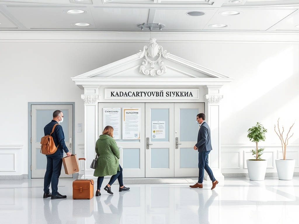 На изображении группа людей у входа в здание с надписью «KADACARTYOVBІ SIYKKIA».