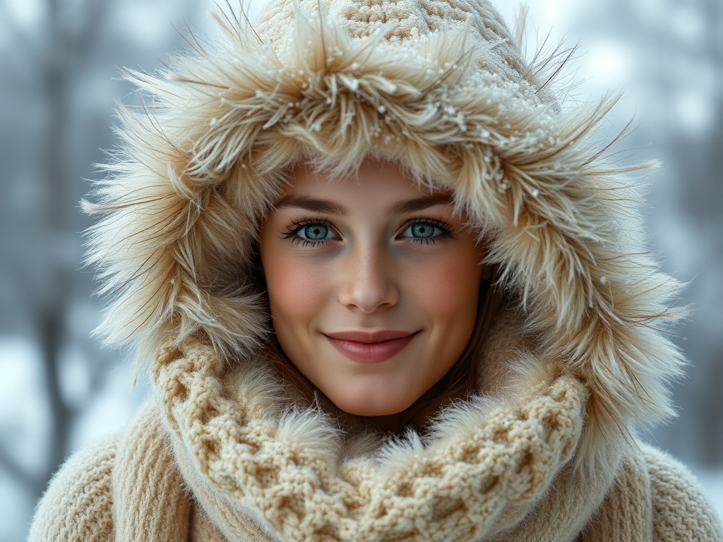 Молодая девушка в теплой одежде с меховым капюшоном, улыбается на фоне снежного пейзажа.