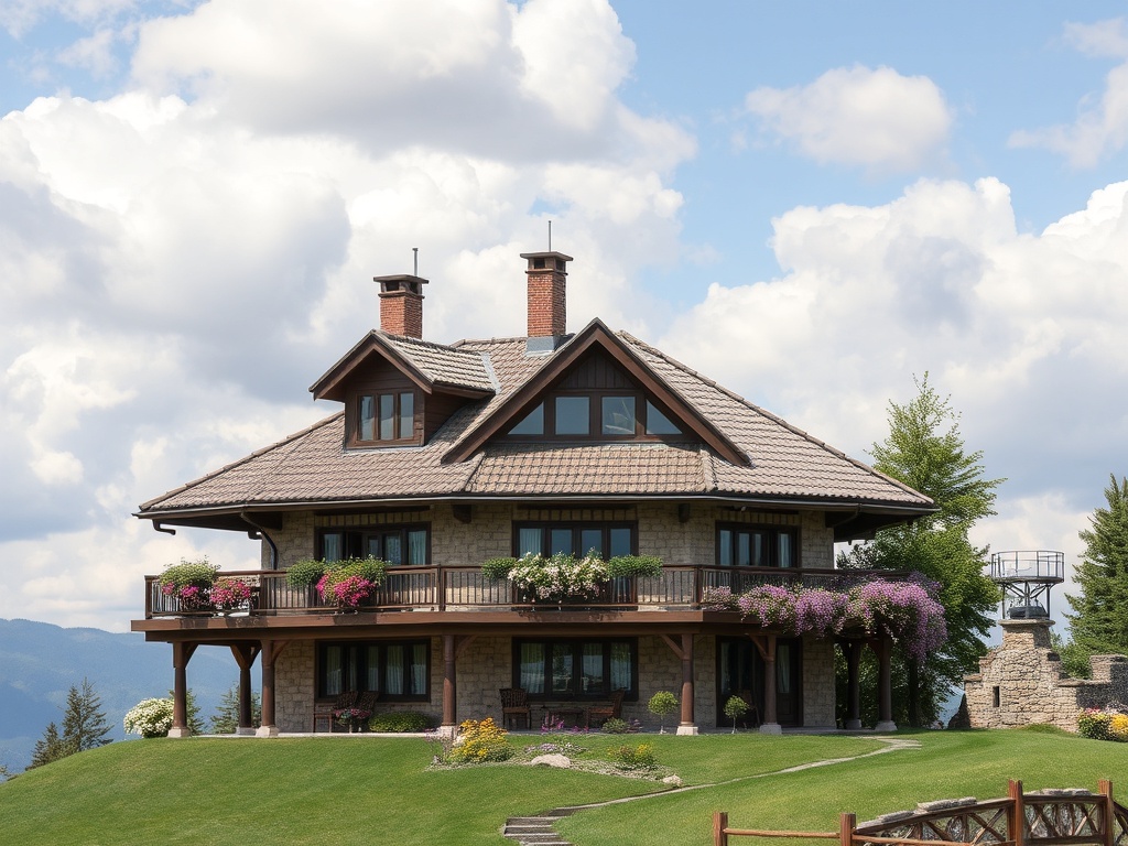 Уютный дом с террасой, окруженный зеленью и цветами, на фоне облачного неба и гор.