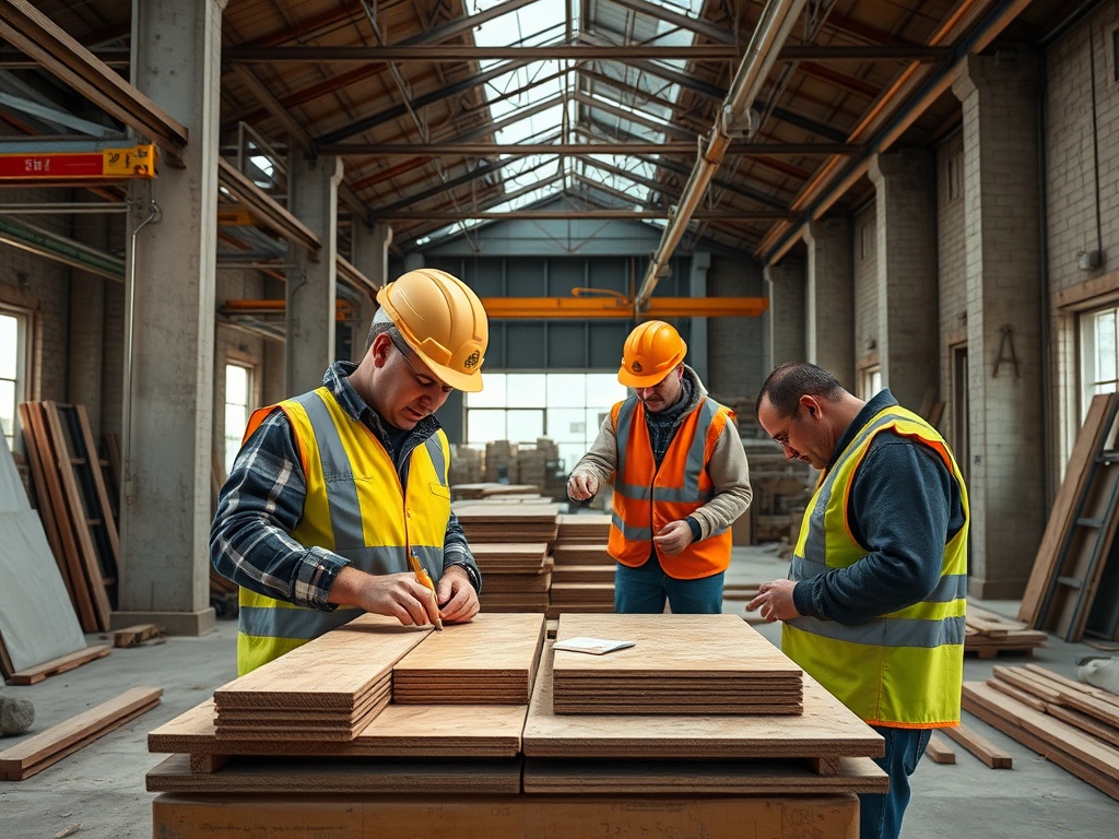 Трое рабочих в защитной одежде и касках, занимаются измерением и раскладкой древесных плит на складе.
