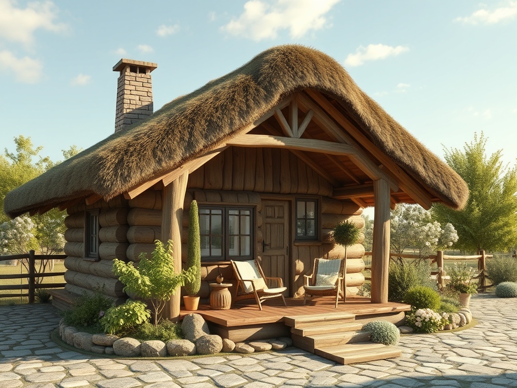 Деревянный дом с соломенной крышей, окружённый зелёными растениями и каменной дорожкой.