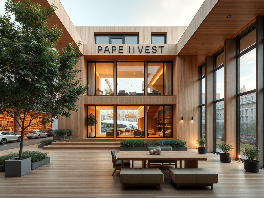 Современное здание с деревянной отделкой, большими окнами и уютным внутренним двором. Название: PAPE VEST.