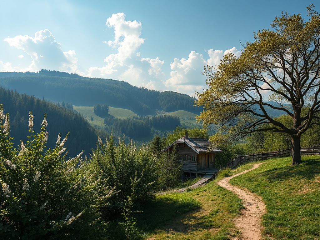Уютный домик на фоне зелёных холмов и синего неба, окружённый деревьями и кустарниками.