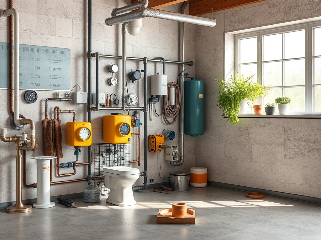 Светлое помещение с сантехникой, туалетом, трубами и растениями на подоконнике.